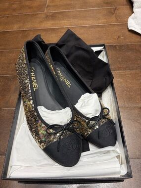 CHANEL Black & Gold Sequin Cap-Toe Ballet Flats